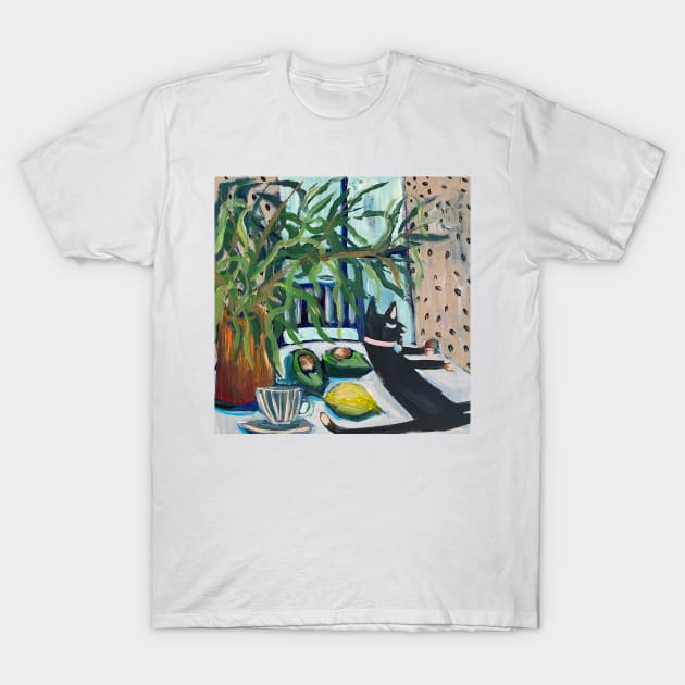 Cat on table Avocado Lemon and Plant in a Pot T-Shirt by Hyssopartz